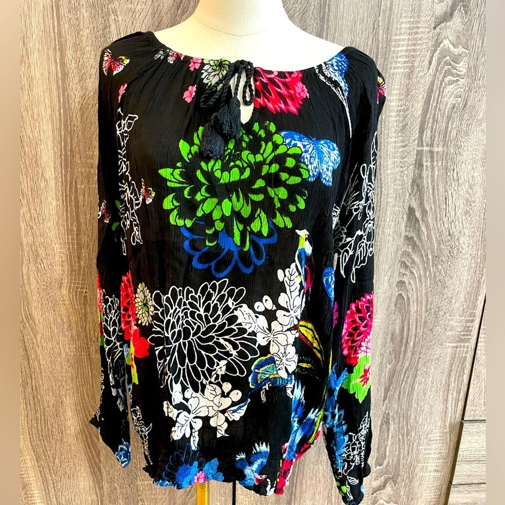 DESIGUAL Black & Floral Print Designer Blouse Longsleeve Flowy Top. Size M